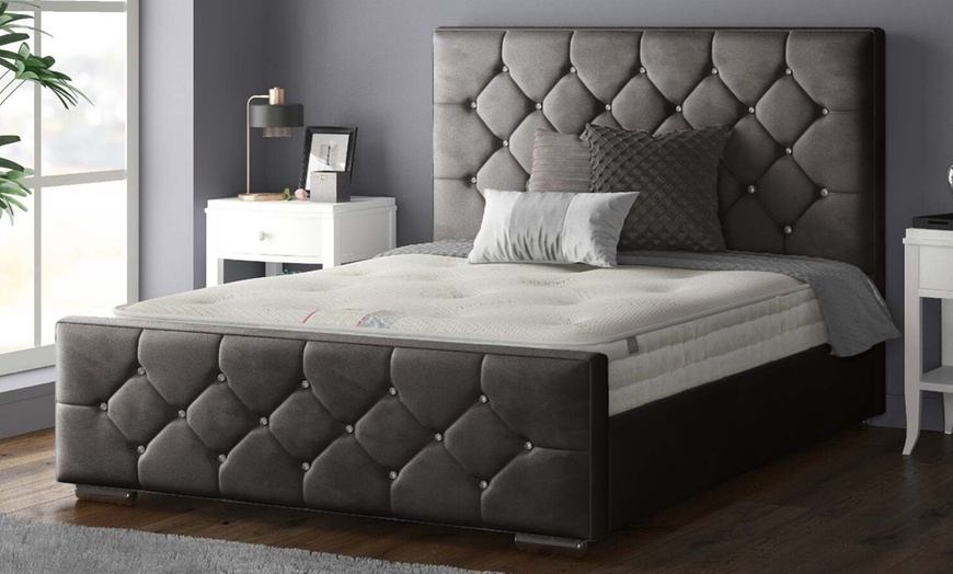 Image 7: Oasis Diamante or Button Plush Bed Frame with Sprung Memory Foam Mattress 