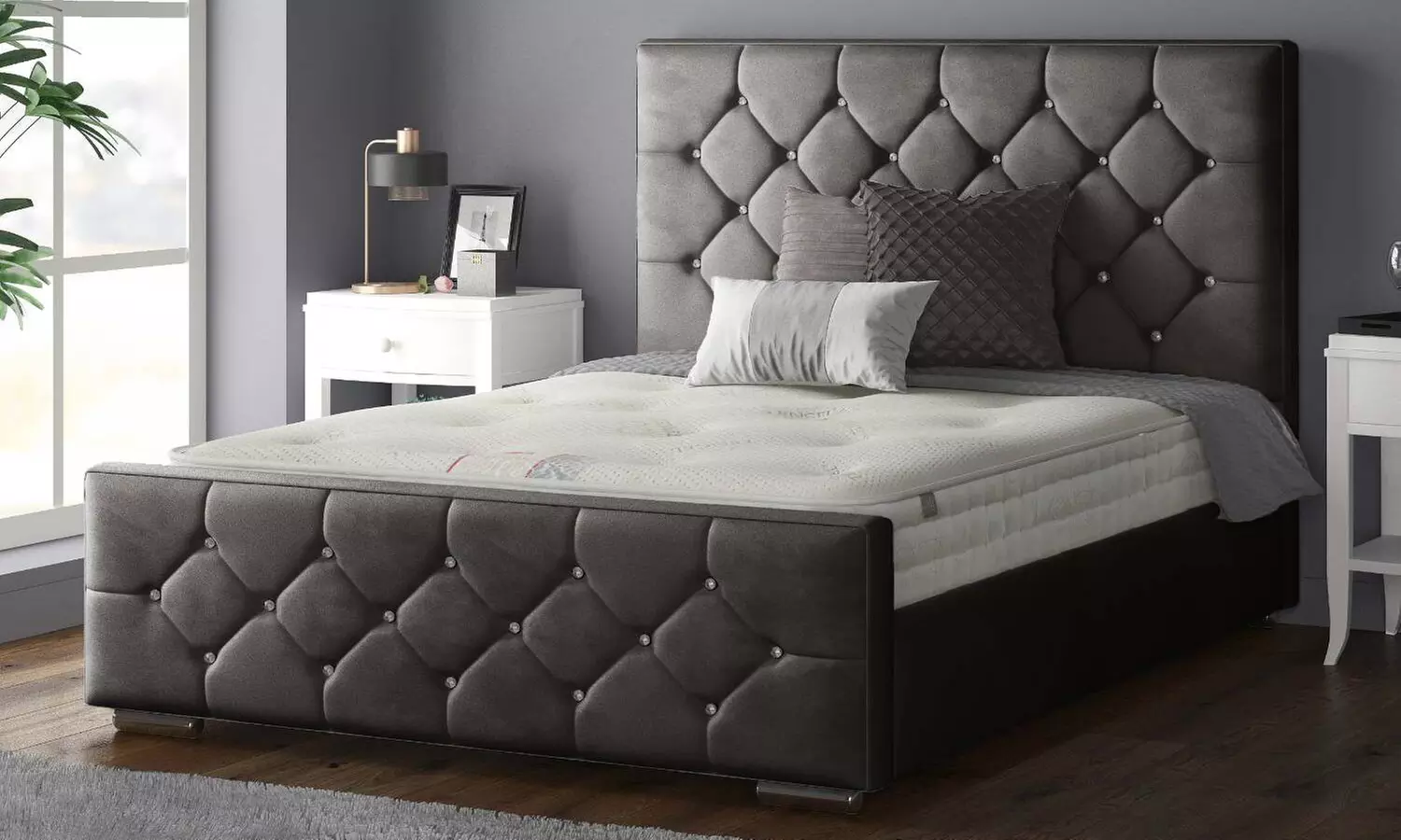 Oasis Diamante or Button Plush Bed Frame with Sprung Memory Foam Mattress
