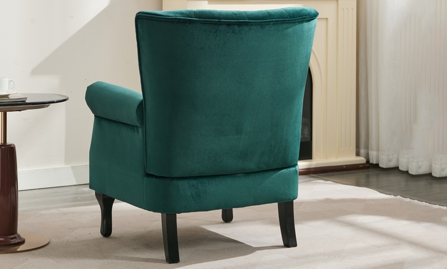 Image 5: Velvet Upholstered Accent Armchair; Stylish Mid-Century Design