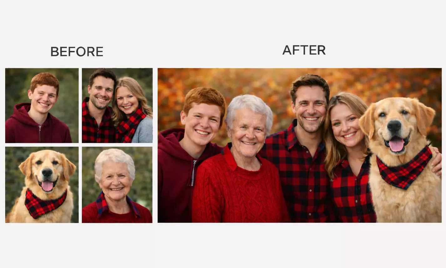Create One Image: Custom Digital Family Photo Merge– Add People /Pets