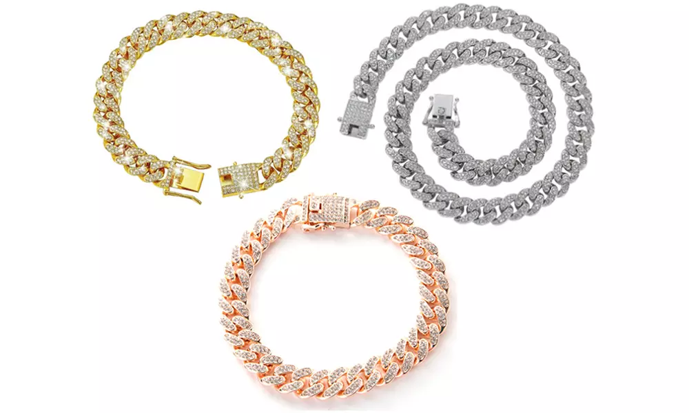 Premium Cuban Link Dog Collar; Rhinestone Design