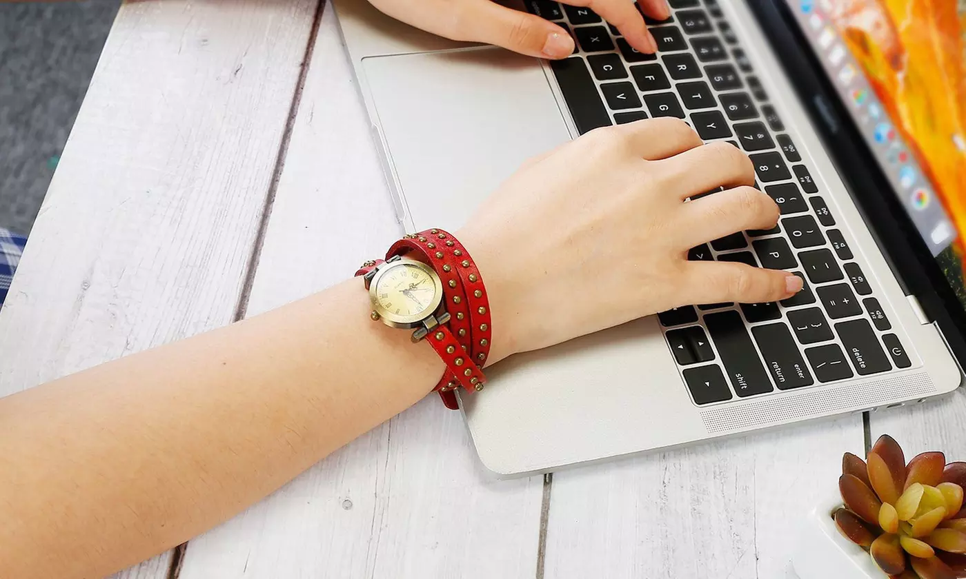 Retro Rivet Vegan Leather Wrap-Around Cuff Watch