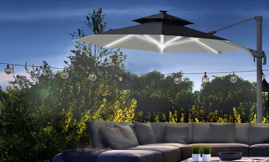 Image 1: Outsunny 3m Cantilever Roma Parasol with LED Solar Lights