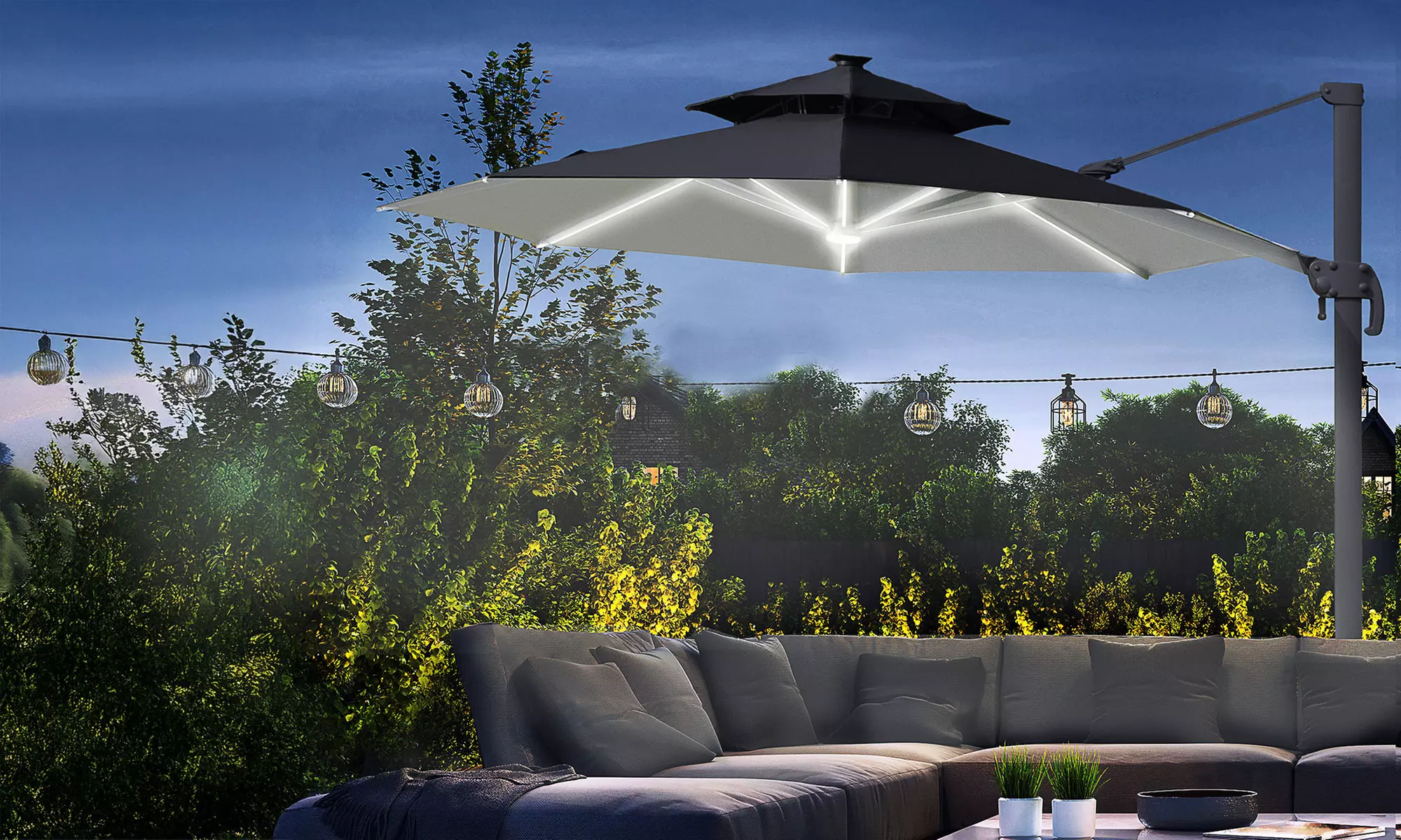 Outsunny 3m Cantilever Roma Parasol with LED Solar Lights