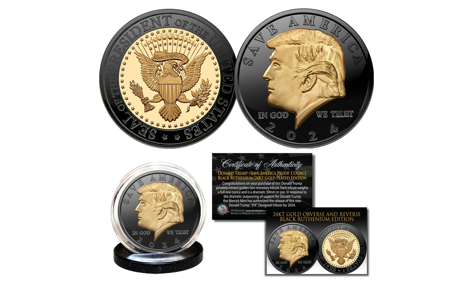 Donald Trump 2024 SAVE AMERICA Black Ruthenium & 24K Gold 1 oz 39mm Tribute Coin