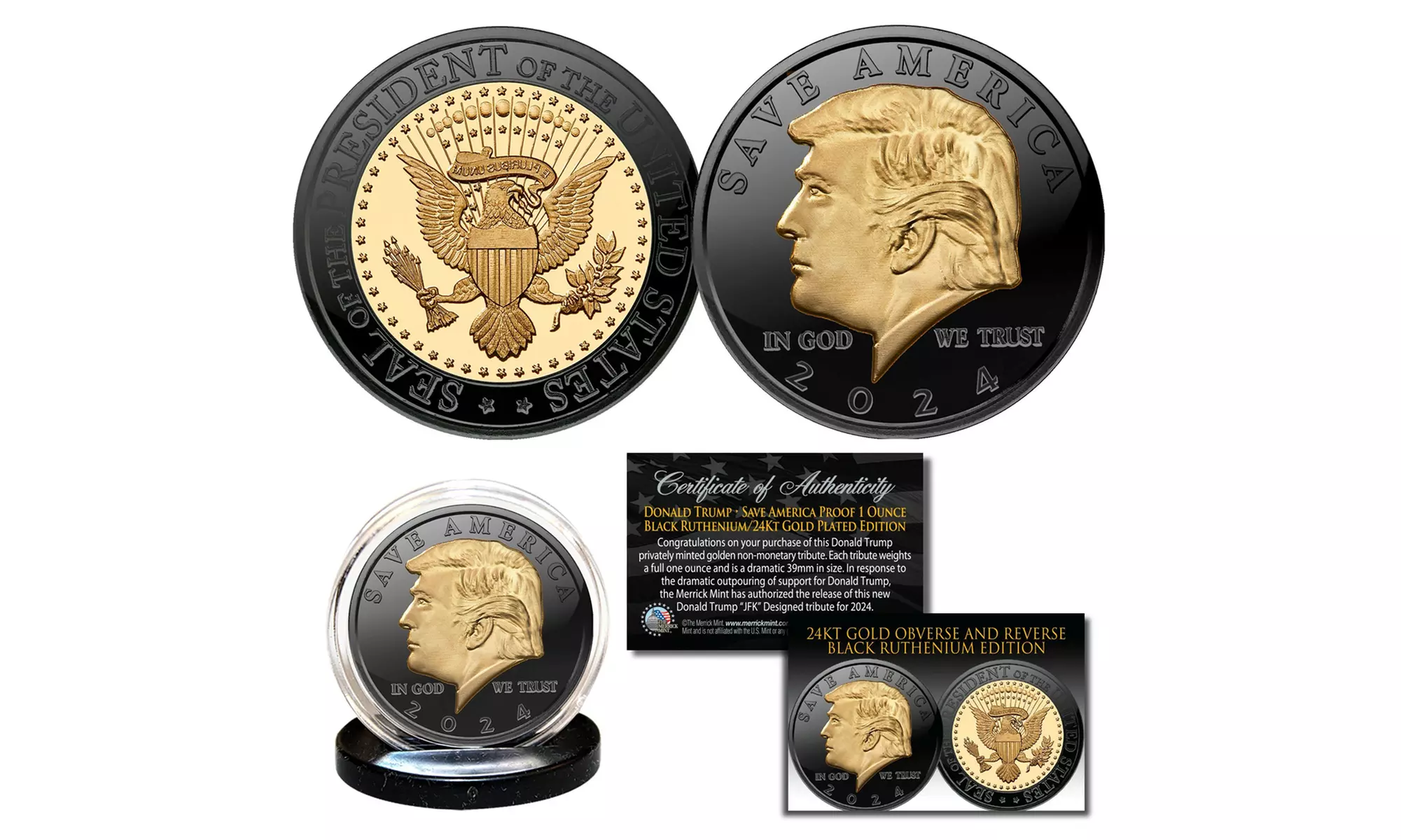 Donald Trump 2024 SAVE AMERICA Black Ruthenium & 24K Gold 1 oz 39mm Tribute Coin - Primary Image