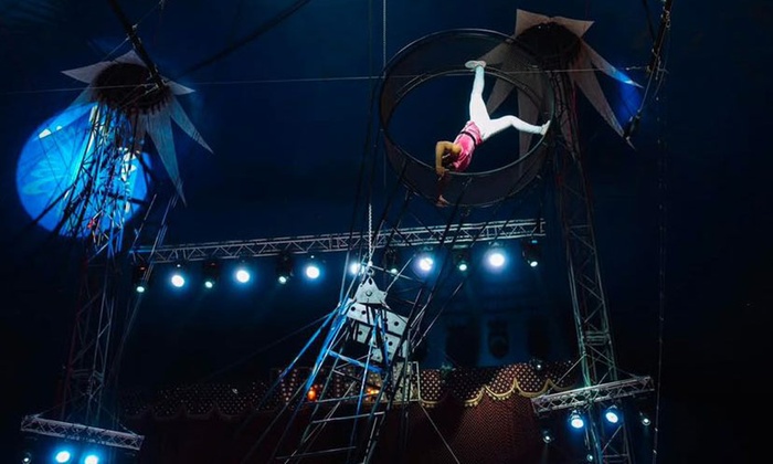 Circus performers showcasing an acrobatic routine on stage under bright lights.