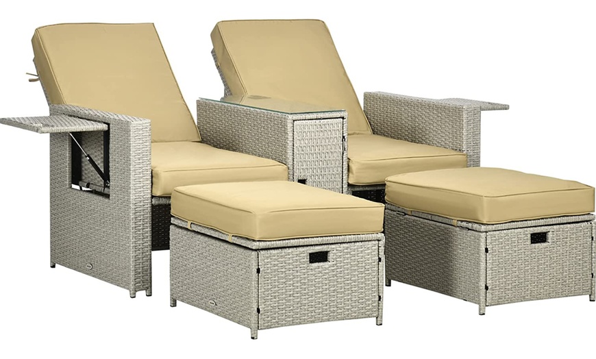 Image 11: Outsunny Rattan-Effect 2 Sun Loungers with Footstools, with Cushions