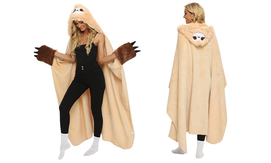 Image 1: Oversized Fluffy Sloth Hooded Blanket