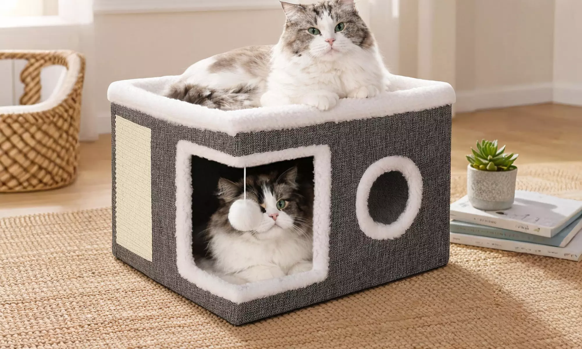 Skylos Indoor Cat House Cave with Scratch Pad and Hanging Toy