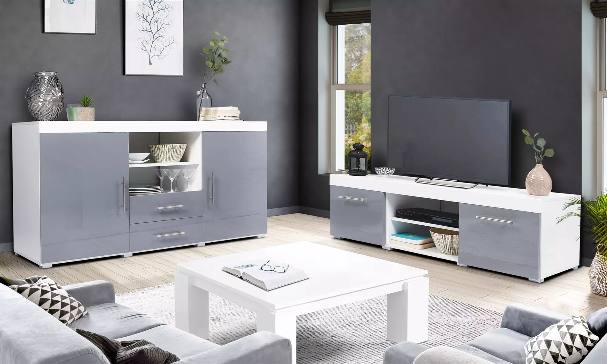 Meubles de salon modèle "Bristol", composés d'un meuble TV et d'un buffet vendus séparément, livraison offferte - Primary Image