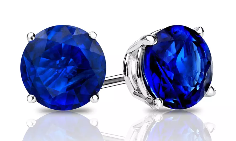 Paris Jewelry 14k White Gold 1Ct Plated Round Blue Sapphire Stud Earrings - Second Medium