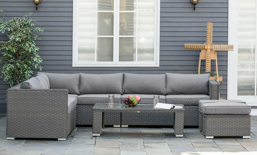 Image 1: Outsunny Six-Seater Rattan-Effect Corner Sofa Set