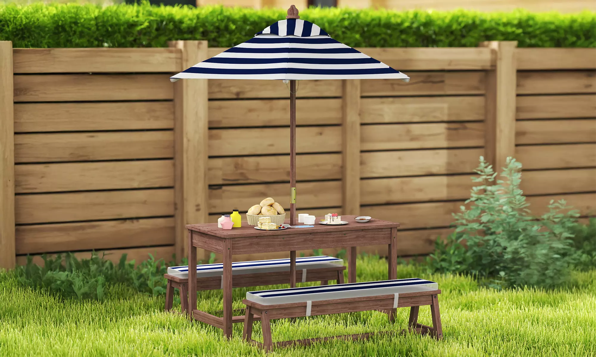 Kids wooden picnic table with umbrella