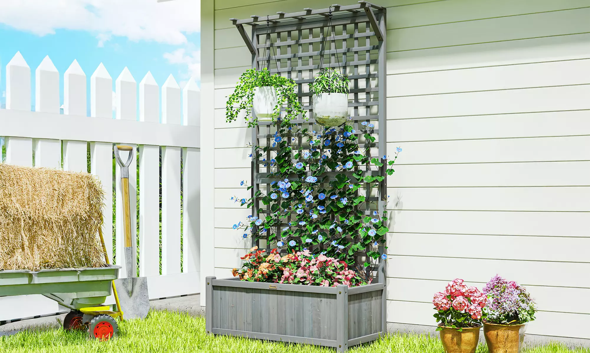Outsunny Wooden Garden Planter with Trellis and Hanging Roof