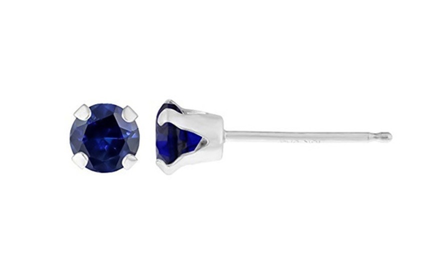 Image 2: 14k White Gold Plated Round 4mm Genuine Gemstone Blue Sapphire Stud Earrings