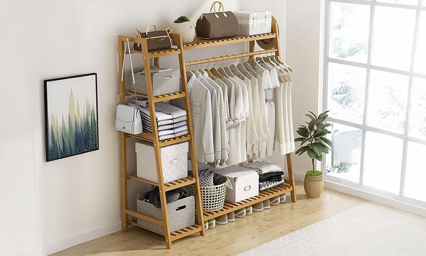 Image 3: Freestanding Bamboo Rack with Storage Shelf and Hooks