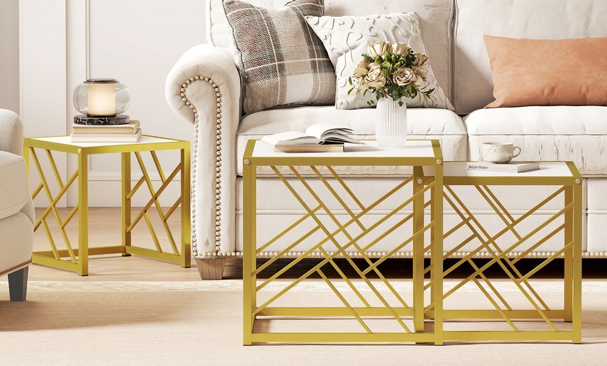 Image 7: HomCom Set of Three Stacking Coffee Tables in White and Gold Tone 