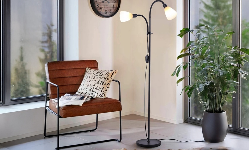 Image 1: Living And Home Adjustable 2-Head Floor Lamp with Conical Shades