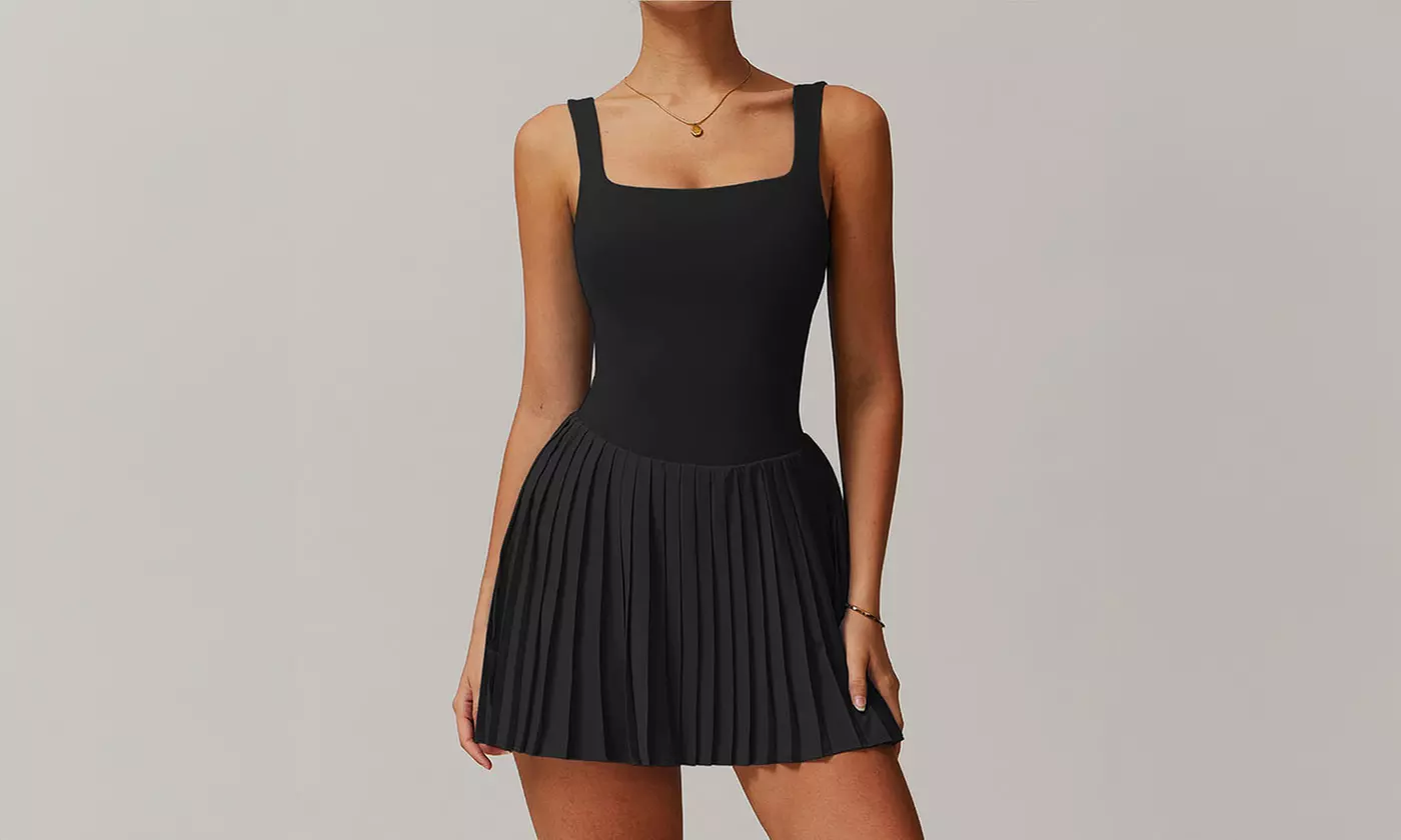 Women Tennis Dress with Built in Shorts and Bra Pleated Seamless Athletic Dress