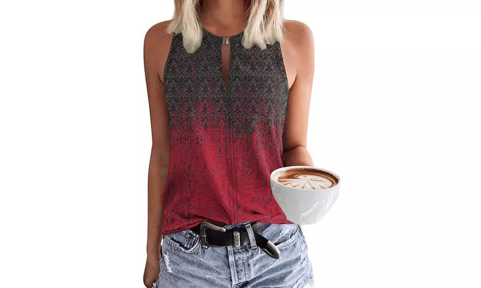 Women Keyhole V Neck Sleeveless Summer Casual Floral Shirt