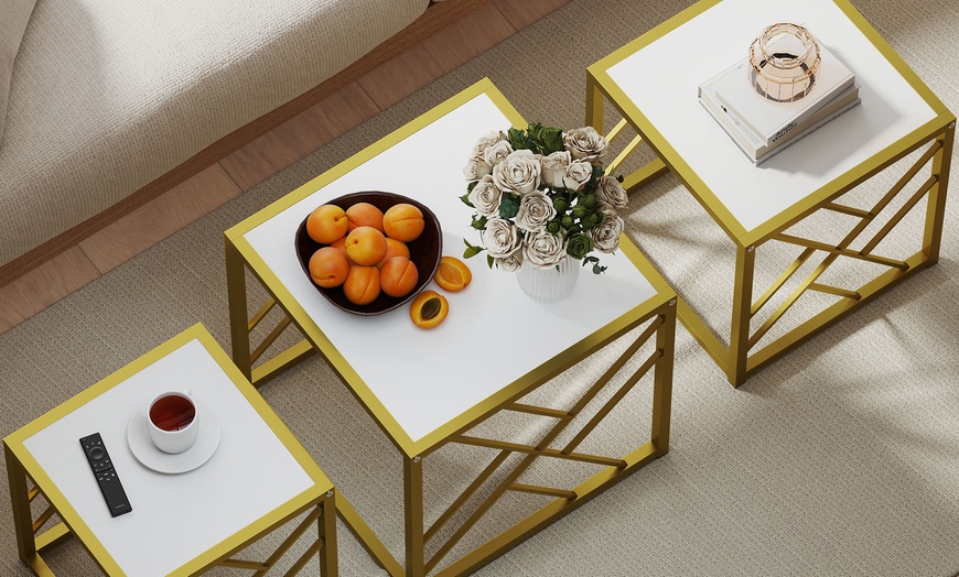 Image 6: HomCom Set of Three Stacking Coffee Tables in White and Gold Tone 