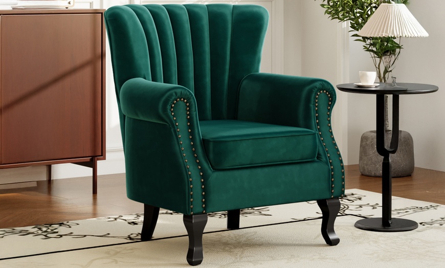 Image 4: Velvet-Upholstered Wing Back Armchair