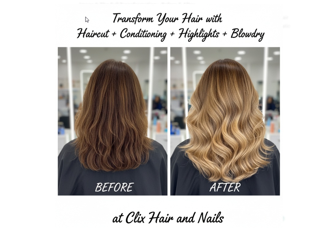 Enhance with Haircut + Conditioning + Highlights +Blowdry