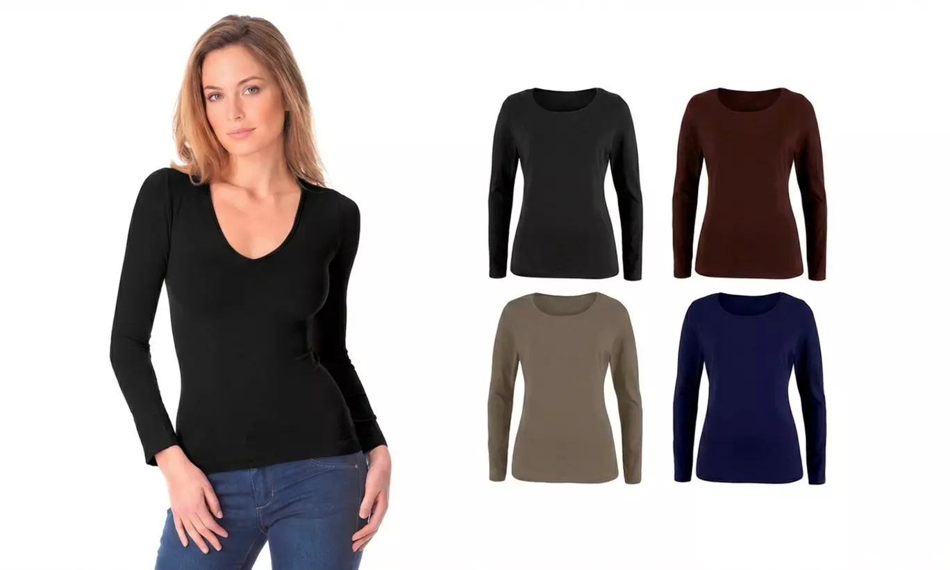 5er-Pack Damen-Langarmshirt mit V-Ausschnitt „Lisa“