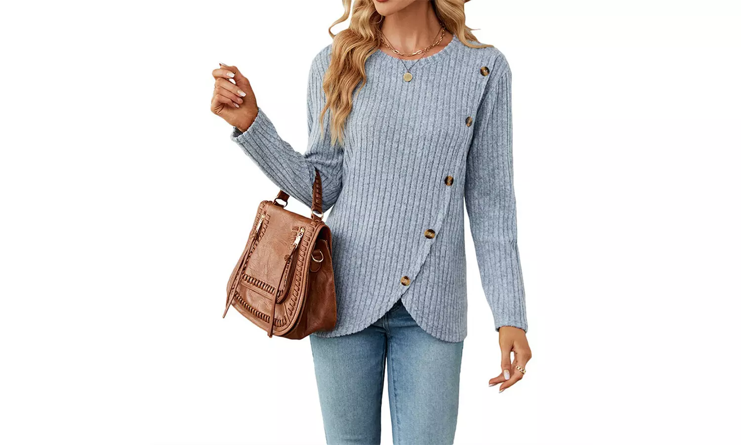 Womens Long Sleeve Tops Casual Buttons Side Tulip Hem Crewneck Tunic Tops