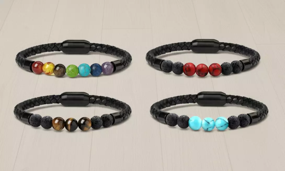Men's Natural Healing Stone Leather Bracelet with Magnetic Closure