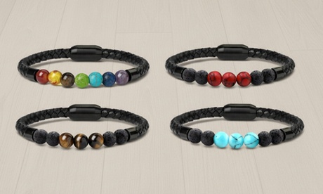 Men'sNatural Healing Stone Leather Bracelet with Magnetic Closure Leather Stainless Steel White Turquoise