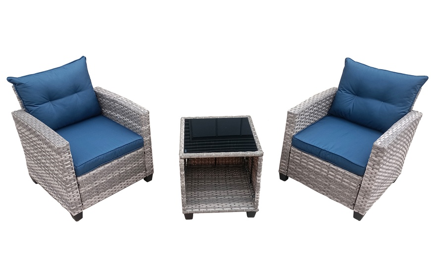 Image 2: Three-Pieces Rattan-Effect Bistro Set with Glass Top Coffee Table