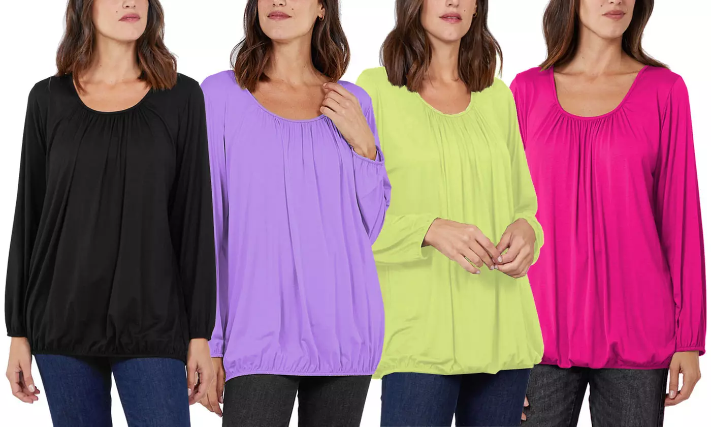 Ladies Baggy Fit Ruched Neck Long Sleeve Top - Primary Image