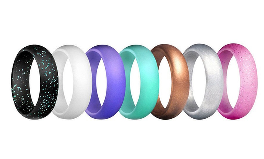 Image 3: 7 Pack Women's Silicone Wedding Bands Set Colorful Rubber Rings