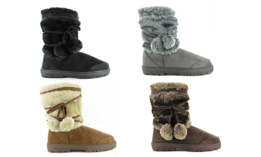 Image 1: Faux Fur Boots with Pom-Poms