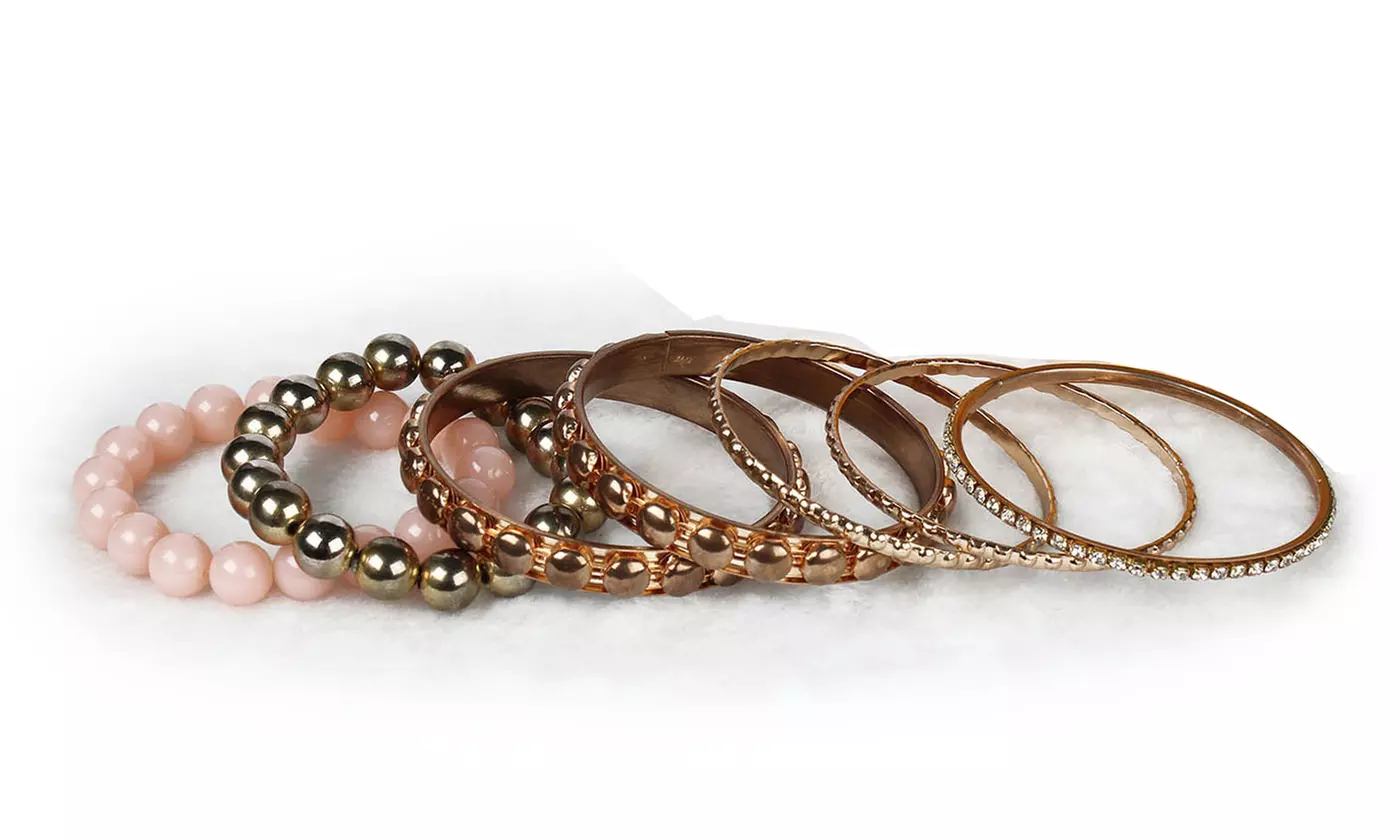 Retro Burnished Gold Inlaid Rhinestones Bangle Bracelet Set (7-Piece)