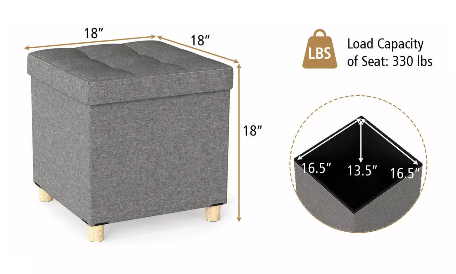 Costway 18 Inches Ottoman with Storage,Tray & Rubber Wood Legs for Small Space