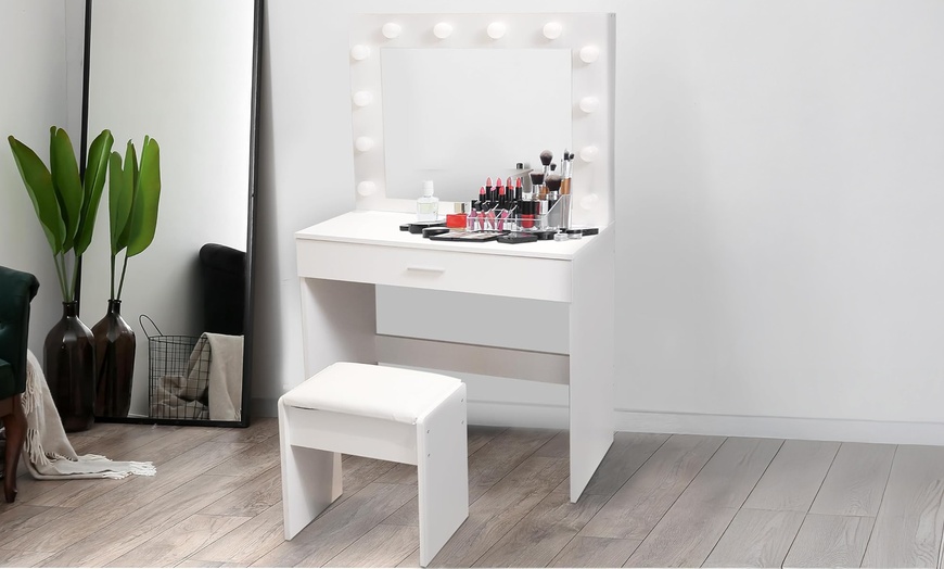Image 2: White Dressing Table Makeup Desk With Stool and LED Lights