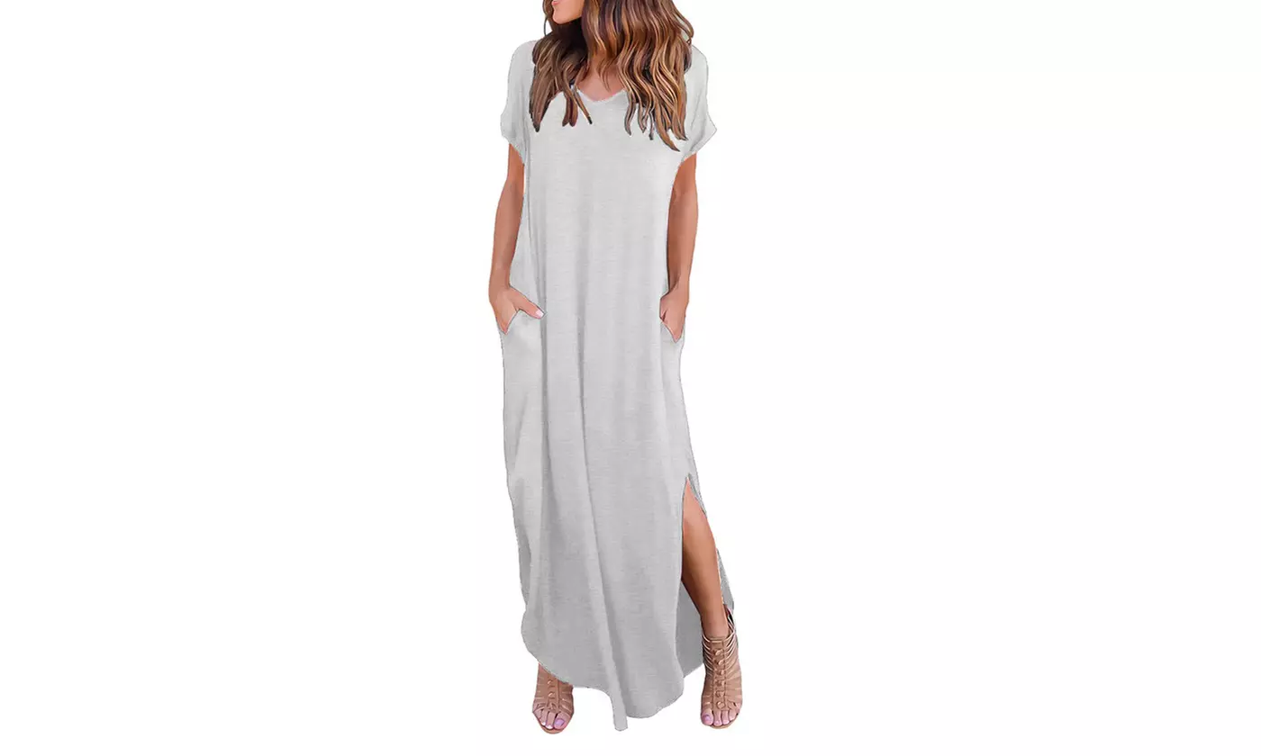 Women Summer Beach Casual Sexy Split Maxi Shirt Dress Short Sleeve Long Dresses