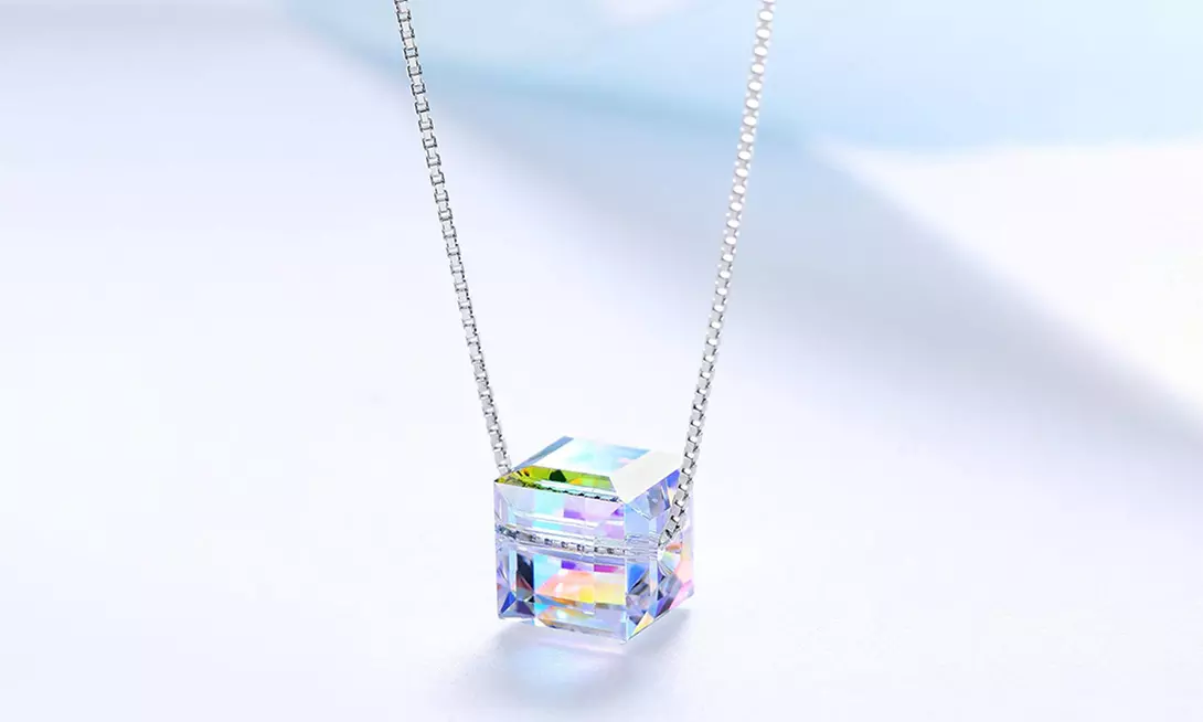 Aurora Borealis Cube or Water Drop Pendant Necklace made with Swarovski Crystals - Primary Image