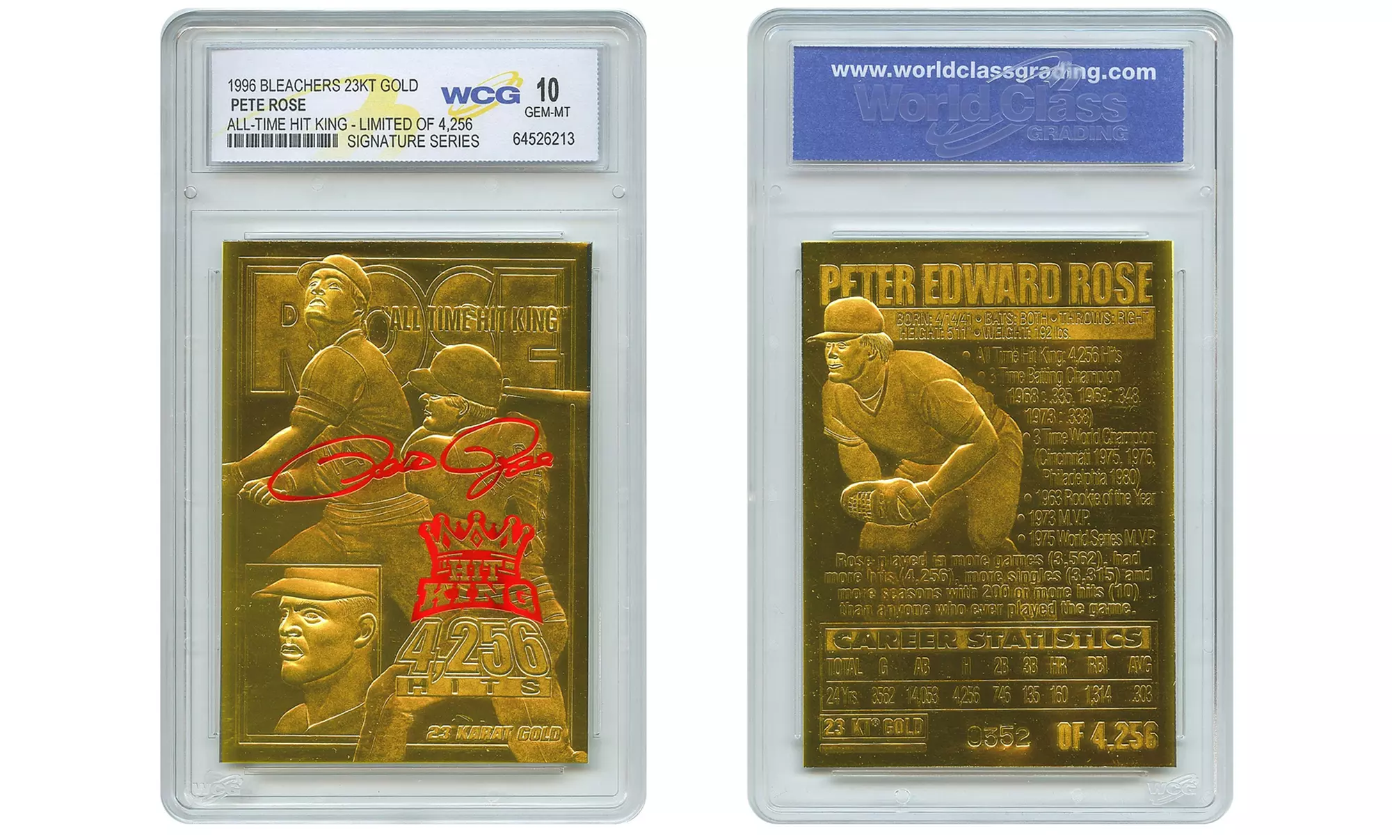 1996 Pete Rose Bleachers 23KT Gold Card Signature Series Ltd 4256 Gem Mint 10 - Primary Image
