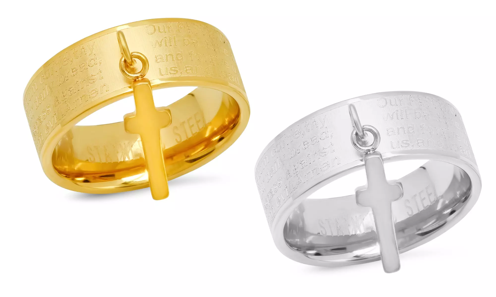 Ladies Stainless Steel Our Father English Prayer Band Ring With Cross Charm