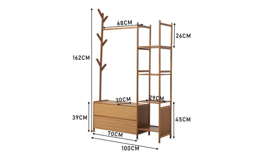 Image 14: Freestanding Bamboo Clothes Rack with Shelves for Storage