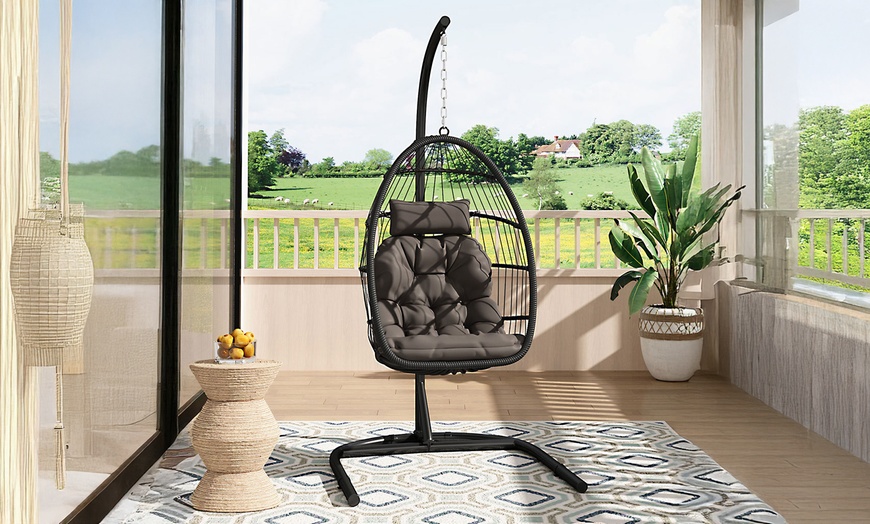 Image 20: Outdoor Cosy Rattan-Effect Hanging Egg Chair with Cushion