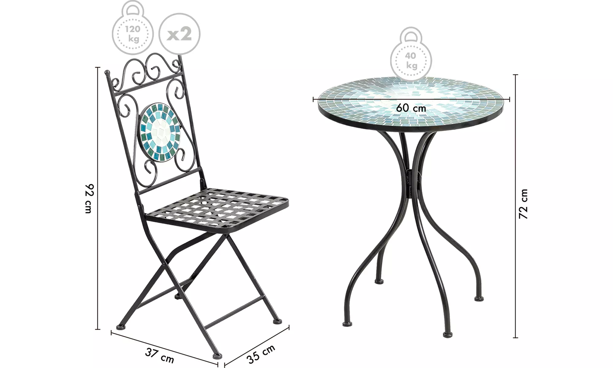 Set Bistrot con 2 sedie e 1 tavolo a mosaico