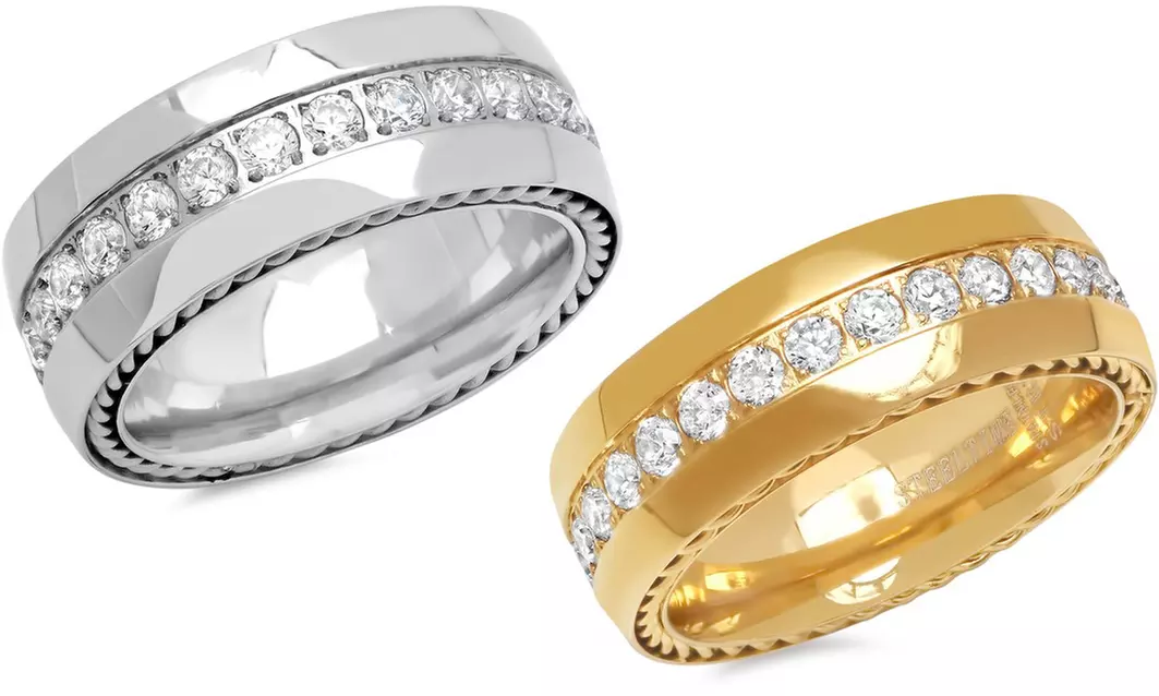 1.12 Cttw Men's Stainless Steel Chain Link Inlay Ring With Cubic Zirconia