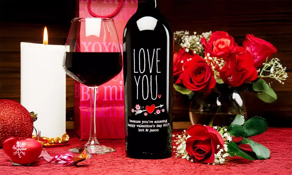 Personalized Valentine's Day Wine Bottle - Hand-Etched Custom Keepsake Gift for Him or Her - Unique Romantic Design