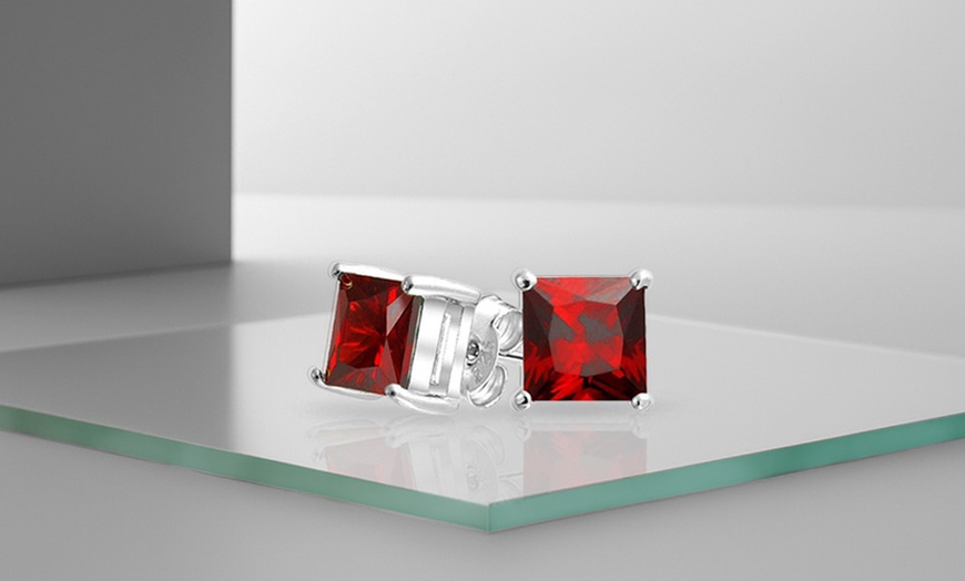 Image 1: Paris Jewelry White Gold Plated 4 Ct Princess Red Garnet Stud Earrings