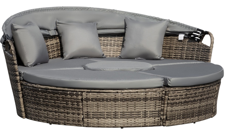 Image 9: Outsunny Round Rattan Sofa Bed with Retractable Canopy
